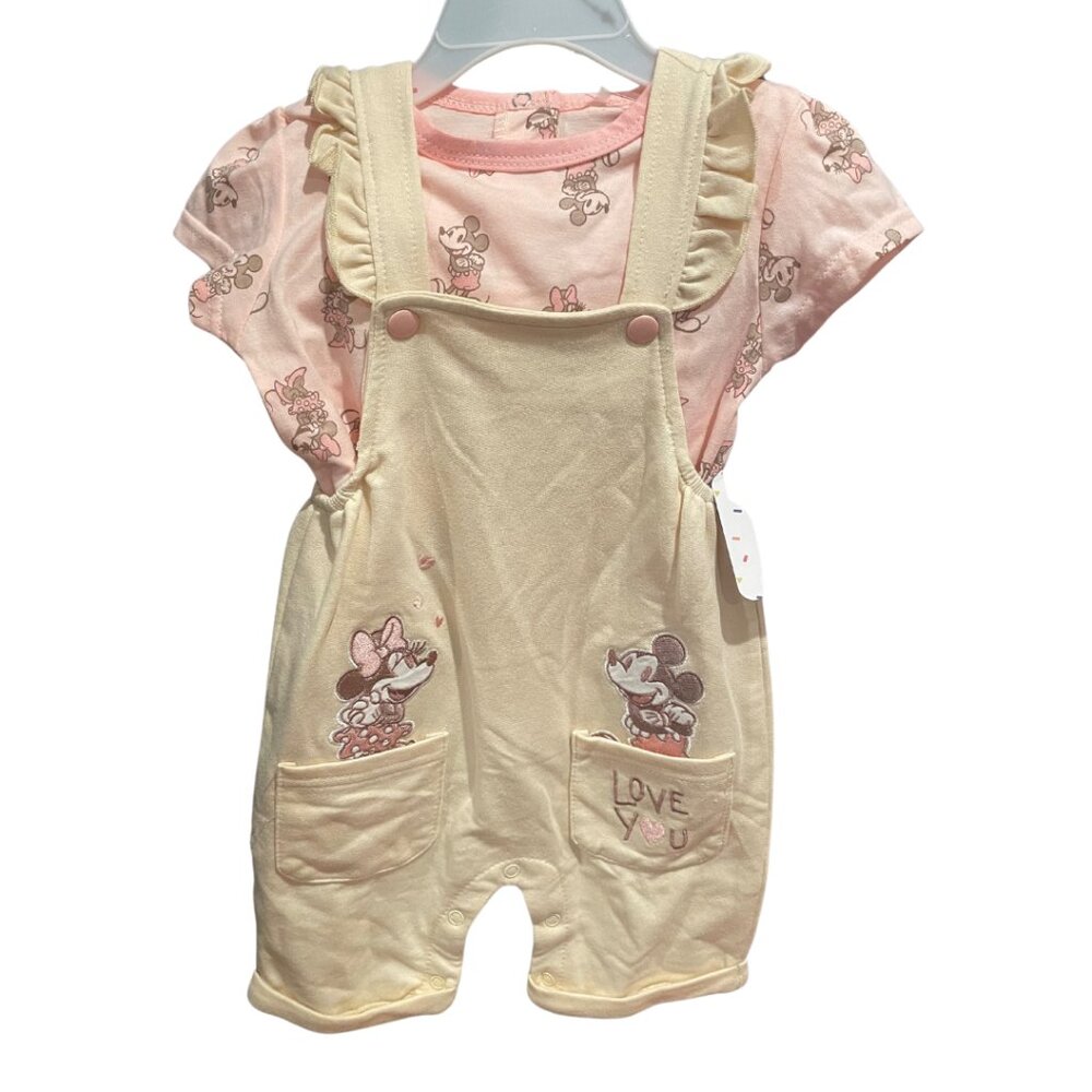 Disney Minnie and Mickey Jumpsuit Set Baby Girls Pink and Beige Size 18M